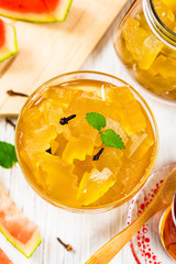 Watermelon Rind Jam Or Candied Watermelon Crusts In Syrup. Azerbaijani Cuisine. Selective focus.