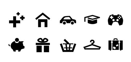 Monthly expenses glyph icons set on white background. Financial plan symbols. Money payment signs. Vector Budget icon. Health, house, car, education, savings, gift, goods, shopping, leisure, travel
