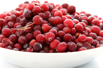Frozen cranberries in the white plate. close-up.
