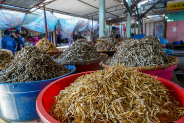 Dried fish meat cut for sale in the market. traditional market indonesia, ikan asin