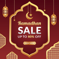 Ramadan sale banner design with golden shiny frame, Arabic lanterns and Islamic ornament on red background