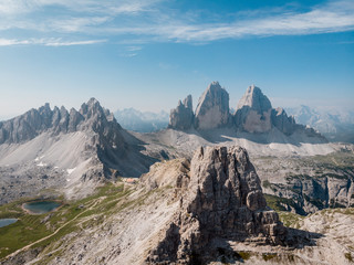 The Torre di Toblin (Toblinger Knoten) in front of the Tre Cime di Lavaredo (Drei Zinnen), South Tyrol, Italy