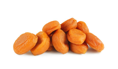 Heap of dried apricots isolated on white background	
