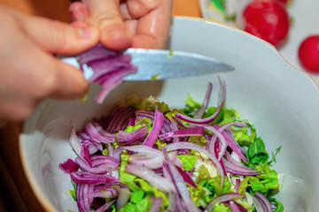 Woman's hands with knife cut onion for salad