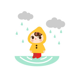 A girl with a yellow raincoat in the rain illustration