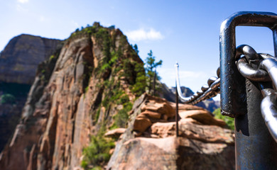 Close up of tightrope at the Angels Landing in Zion National Park, Utah, USA