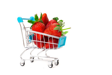 strawberry fruit in shopping cart with white background