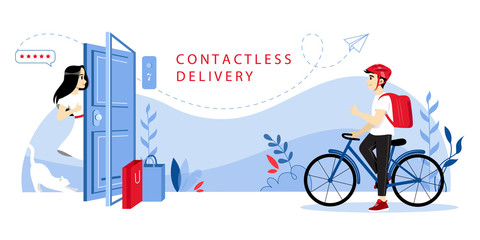 Concept Of Contactless Delivery. Courier Is Making Safety Delivery To Customer s Home Grocery Products During Quarantine, Keeping The Distance With Customer. Cartoon Flat Style. Vector Illustration