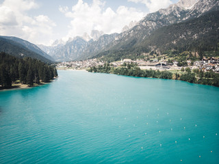 Aerial view of lago di santa caterina (Auronzosee) in Auronzo di Cadore, South Tyrol, Italy