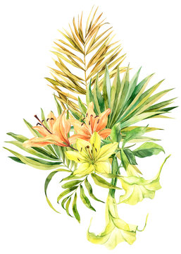 Watercolor flower bouquet yellow brugmansia, green palm leaves, angel's trumpets, lilly, lilies hand drawn illustration. Stock illustration for design, invitations, greeting card, postcard. © Maya