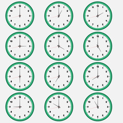 Vector graphic of an analog wall clock in every hour