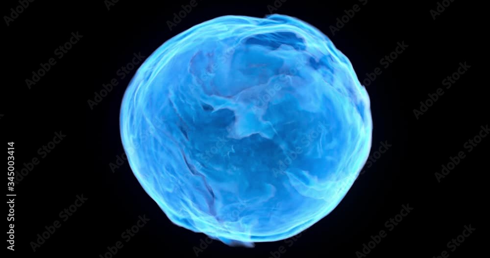 Poster 4k seamless loop of blue energy sphere on black background, abstract fluid simulation, liquid orb wi