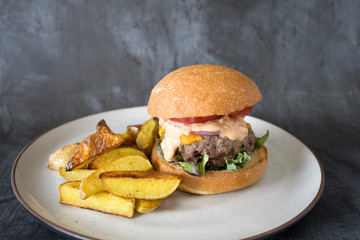Cheeseburger with Tomatoes and French Fries