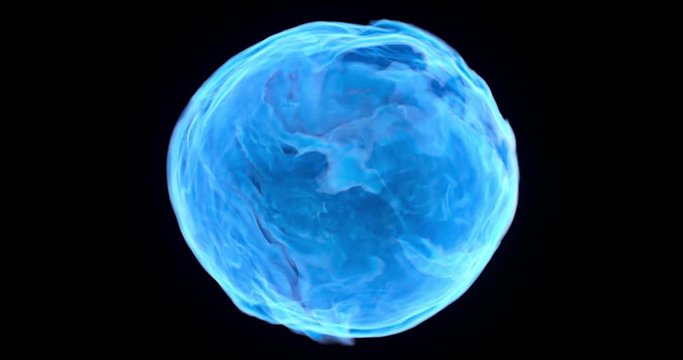 4K seamless loop of blue energy sphere on black background, abstract fluid simulation, liquid orb with animated turbulence. 3D rendering