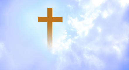 Christian cross appeared bright in the sky with soft fluffy clouds, white, beautiful colors. With the light shining as hope, love and freedom in the sky background