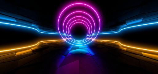 Colored luminous geometric shape on a black background. Blurred reflection on the floor. 3d rendering image.