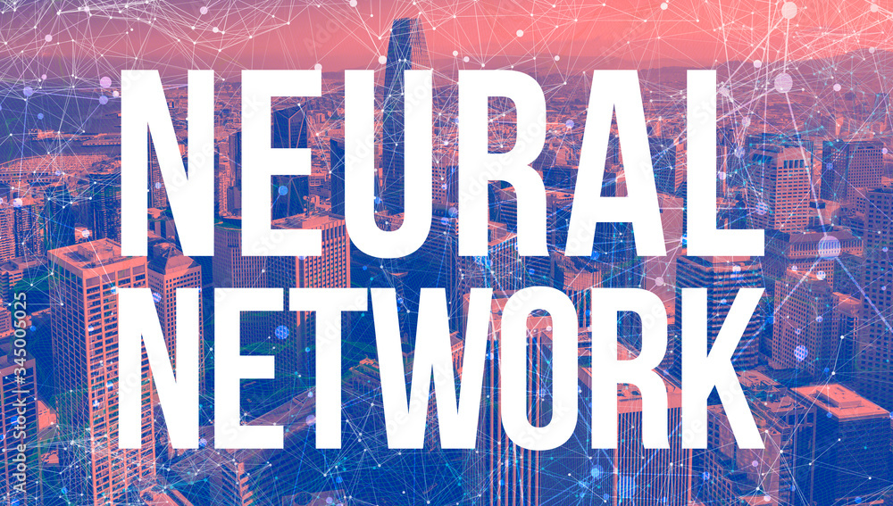 Poster neural network theme with abstract network patterns and downtown san francisco skyscrapers