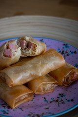 Fried carbonara popiah spring roll, a crunchy snack popular in Southeast Asia. This is fusion of...
