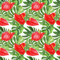 Watercolor seamless pattern with anthurium, monstera on an idolated white background, watercolor jungle, botanical drawing. Stock illustration. Fabric wallpaper print texture.