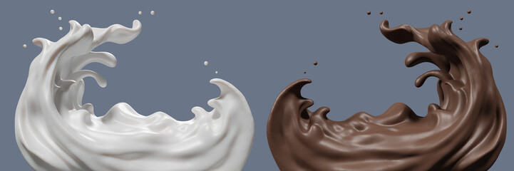 Chocolate and Milk splash on floor smooth abstract shapes , isolated on Blue background , 3d illustration 3D Rendering