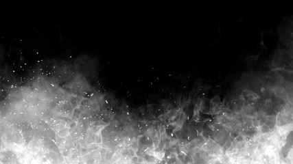 Texture of burn fire with particles embers. Flames on isolated black background. Black and white fire texture overlays. Stock illustration.