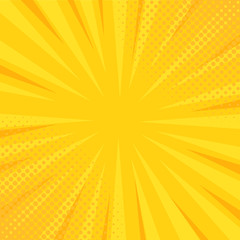 Retro comic pop art yellow square background with stripes and halftone dots. Classic vintage cartoon style. Vector illustration