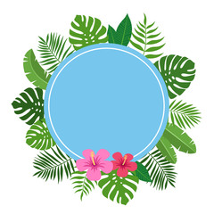 Summer vector frame with tropical leaves and plants branches. Exotic background. Flat style vector illustration for banner, postcard etc 