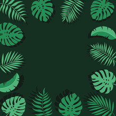 Summer vector background with tropical leaves and plants branches. Exotic background. Flat style vector illustration 