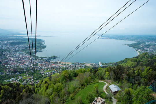 The Austrian city of Bregenz and Lake Constance (Bodensee) - aerial view from a cable car