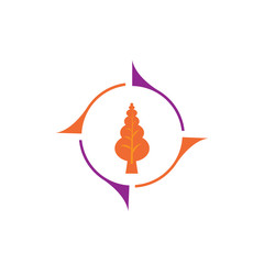 illustration tree, sun circle emblem, direction sign, vector health design icon