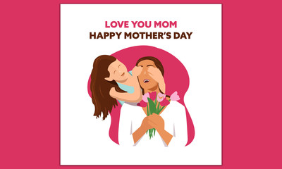Happy Mother's Day_Daugher Wishing her Mom with Flowers. Vector illustrations for a cute cover, poster, banner or card for the holiday moms