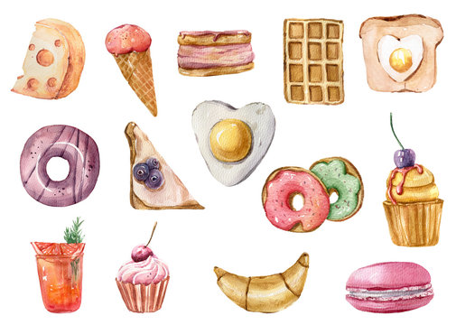 Watercolor hand painted set of colorfull desserts with berries, donuts, ice cream, croussant isolated on white background. Perfect for pattern, print, greeting cards, summer party invitations. 
