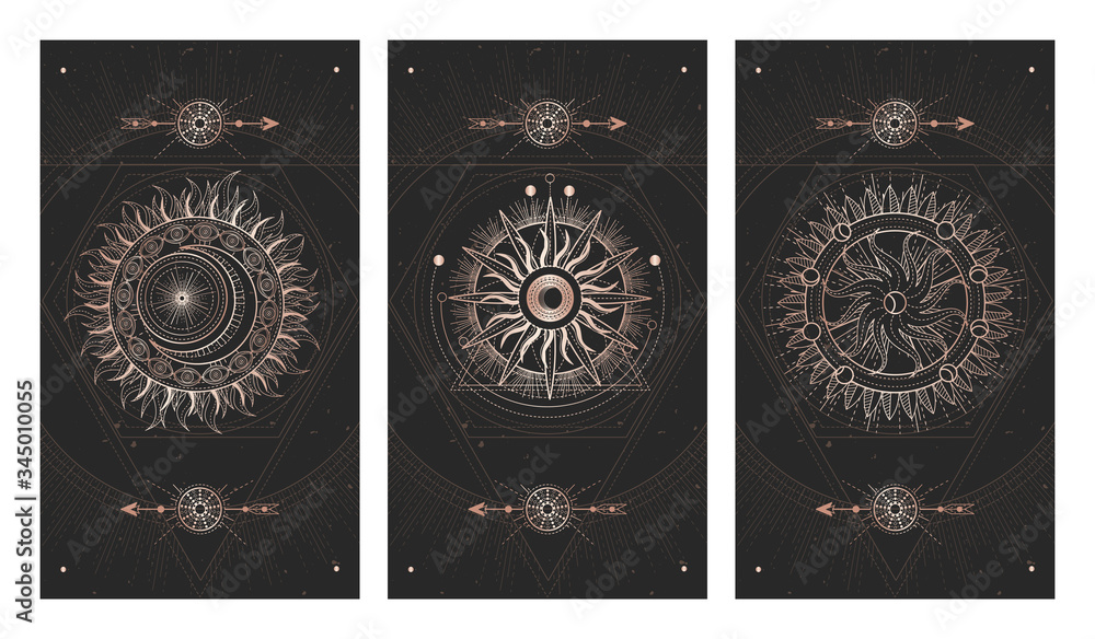 Canvas Prints vector set of three dark illustrations with sacred geometry symbols, grunge textures and frames. ima
