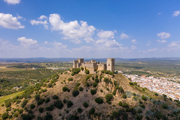 Fototapeta premium Aerial Drone view of a beautiful castle in South of Spain with green fields in the background