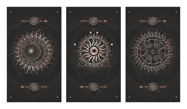 Vector set of three dark illustrations with sacred geometry symbols, grunge textures and frames. Images in black and gold colors.