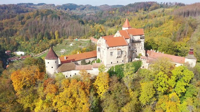 Above view of medieval castle Pernstein. South Moravian region. Czech Republic
