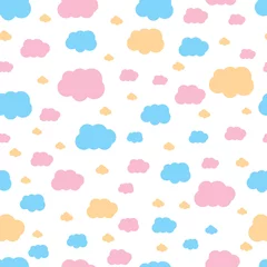 Zelfklevend Fotobehang Funny clouds seamless pattern. Baby, kids design limitless background. Blue, pink, yellow flat cartoon cute air weather sky sign. Repeat ornament for paper wrap, fabric, print. Vector illustration © Mooikunst