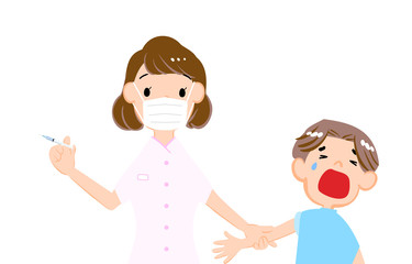 ワクチン注射を嫌がる男のと女性看護師のイラスト