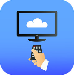 Hand holding remote point at cloud tv streaming platform service blue icon direct image shape smooth calm chill palette vector sign app square use online live access flat watch simple movies shows