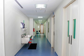 Corridor in the hospital in front of the operating room with a sanitary unit.