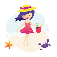 Beautiful summer girl on soft & simple sand beach background.