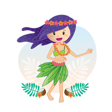 Lovely girl dancing in a Hawaiian style dress, Aloha girl with a Hawaiian dress decorated with flowers.