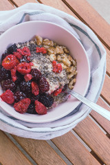 Oatmeal porridge in bowl topped with fresh berry