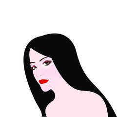 Women face with red lips and long black hairs in white background