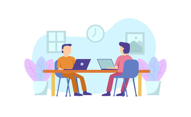 two man work together on the desk. businessman partnership. Teamwork freelance. study on the desk with laptop.