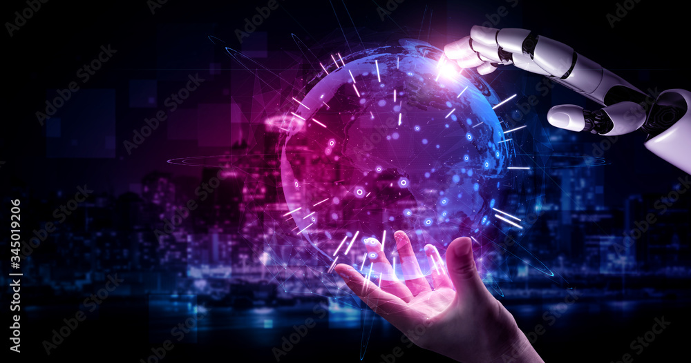 Poster 3d rendering artificial intelligence ai research of robot and cyborg development for future of peopl