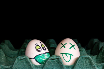 Representation of faces with chinstraps in eggs. Eggs with human expressions with nose and mouth protection. Concept of protection in the pandemic.