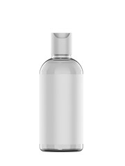 Blank cosmetic bottle with disc press cap for branding and mock up, 3d render illustration.