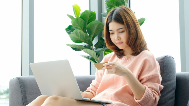 Online Payment By Credit Card, Happy Asian Woman Using Laptop Computer To Spend Digital Money For Online Shopping, Asia Girl Customer Purchase E Commerce Business, Internet Banking
