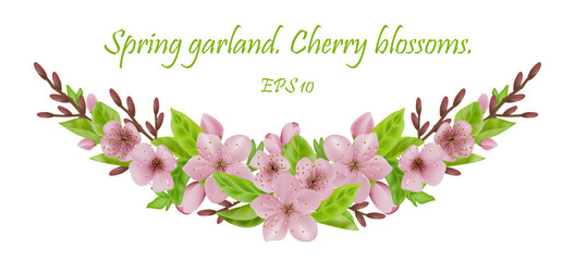 Realistic Sakura Blossom, Green Leaves and Branches.  for Graphic Design Printable Banner, Poster or Flyer. EPS 10